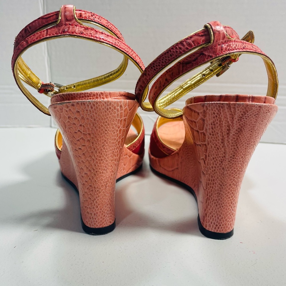 Franco Sarto Red and Pink Faux Snakeskin Ankle Wrap Wedges 8 - Picture 4 of 12